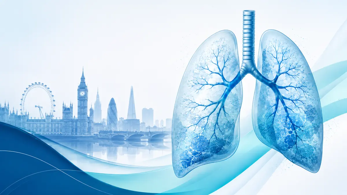 Respiratory health illustration showing lungs over a London skyline